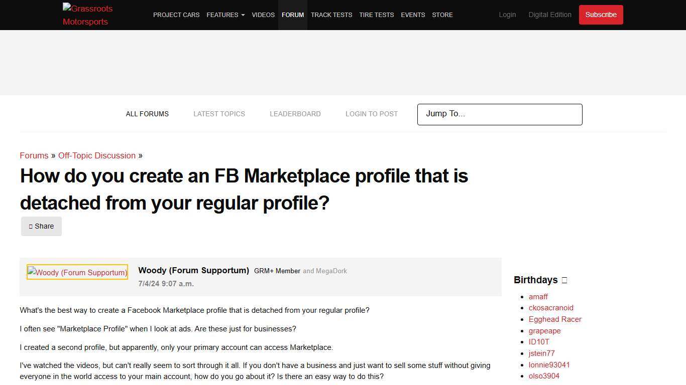 How do you create an FB Marketplace profile that is detached from your regular profile?| Off-Topic Discussion forum |